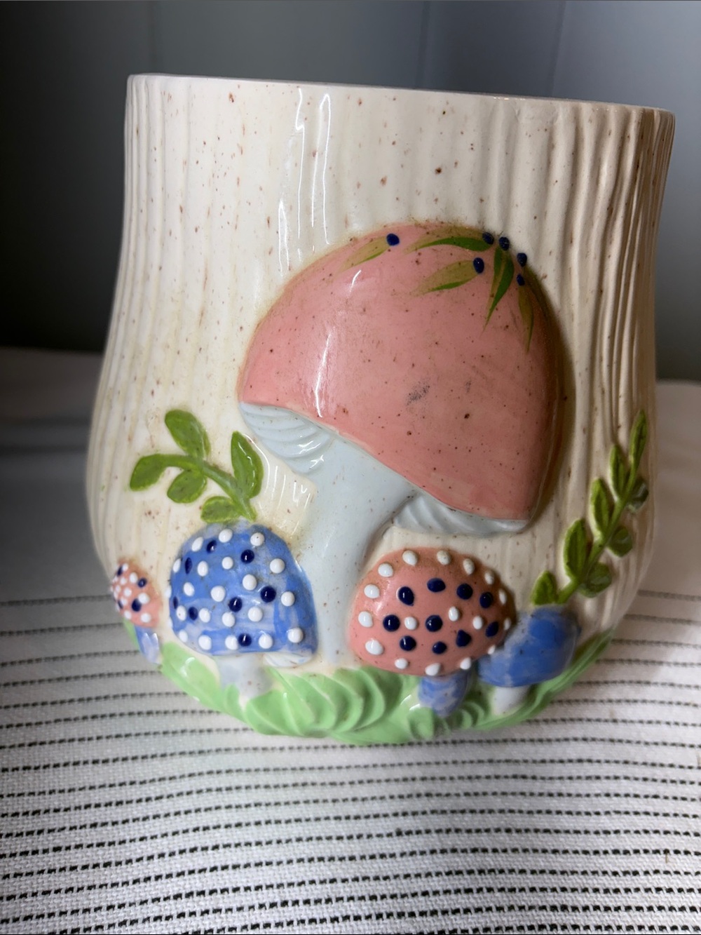 Vintage Arnell’s Hand-Painted Ceramic Mushroom Planter in Pink & Blue